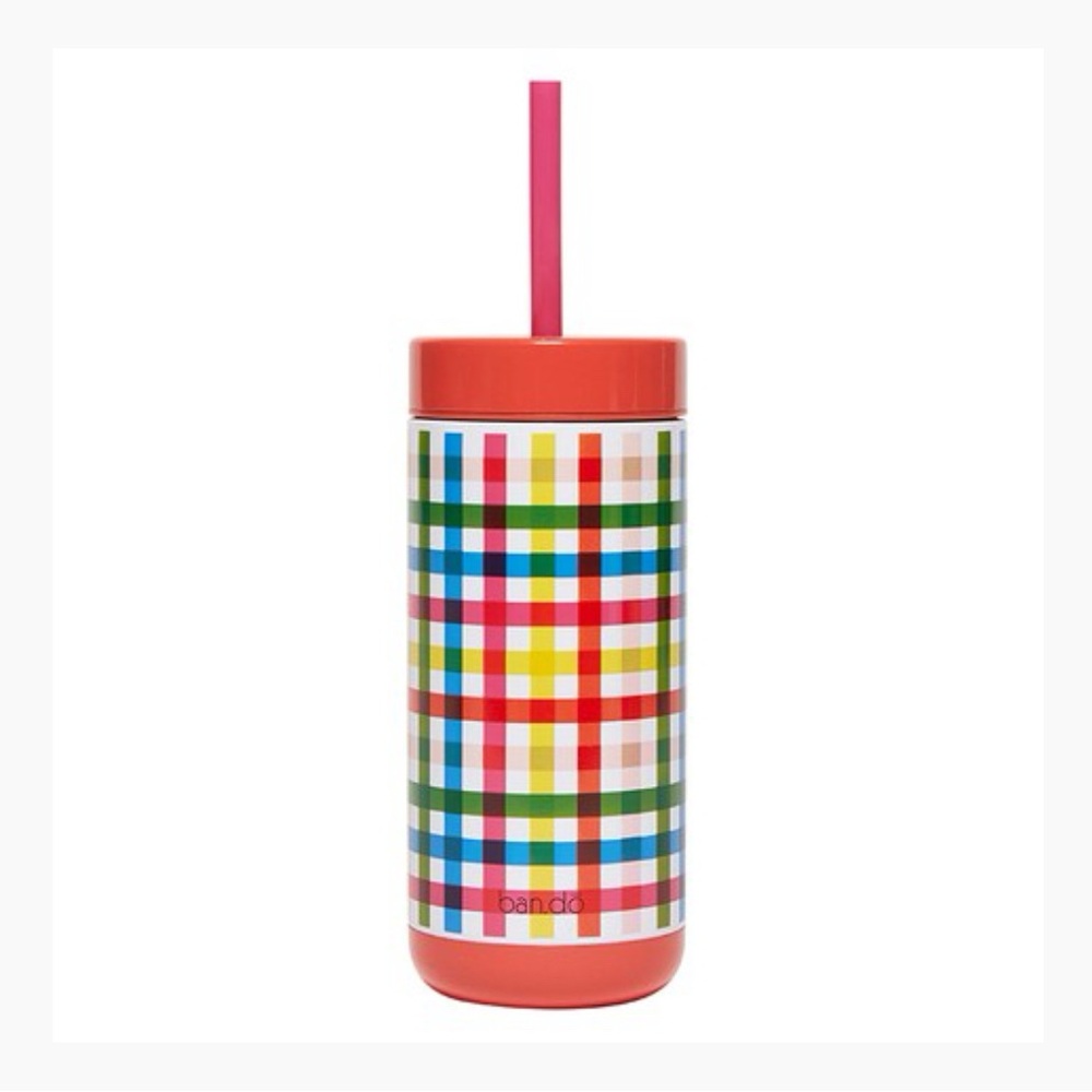 Ban.do Multicolor Plaid Tumbler with Pink Straw